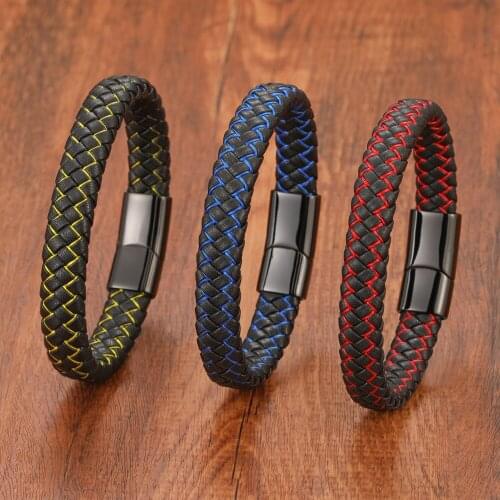Punk Braided Genuine Leather Bracelet for Men Women Couple Jewelry Stainless Steel Magnetic Clasp Blue Red Yellow Birthday Gift