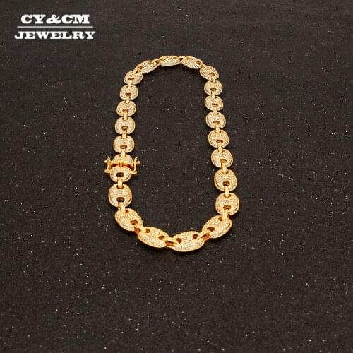 CY&CM 13mm Coffee bean Necklace Multicolor Cubic Zirconia Puffed Marine Chain Hip hop Link Gold Punk Choker Charm Jewelry 16-30"