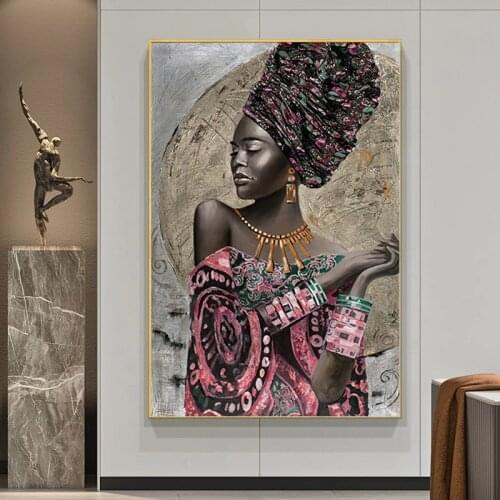 Black African Woman Canvas Paintings Wearing Gold Jewelry Posters and Prints Wall Art Picture for Living Room Wall Decor Cuadros