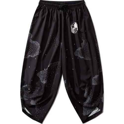 Black Traditional Chinese Style Kimono Pants Suit Male Casual Loose Print Trouser Men Japanese Yukata Asian Clothing V2078