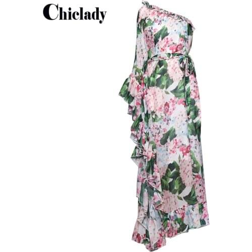 CHICLADY green Hydrangea flower printed maxi dress holiday beach one shoulder ruffles loose party designer floral kleid vestidos