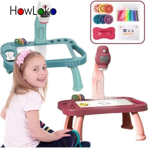 Children LED Projector Art Painting Table Toy Multifunction Children WordPad Arts Crafts Education To Study Painting Tools
