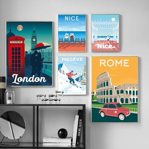 Nordic France Nice Travel Landscape Canvas Painting Cartoon Ski Poster Print London Rome Wall Art Picture Living Room Home Decor