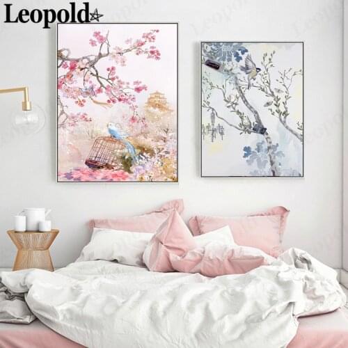 Chinese Style Ink Flower and Bird Canvas Painting Pink and Blue Bird Poster Wall Art Modern Living Room Bedroom Decoration