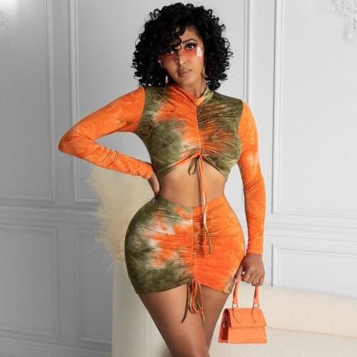 Sexy Tie Dye Print 2 Two Piece Club Outfits Ruched Drawstring Long Sleeve Crop Top Bandage Mini Skirt Summer Co-ord Sweatsuits
