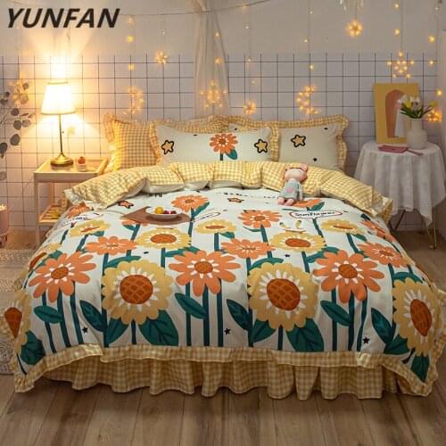 Korean yellow bedclothes luxury duvet cover Romantic Lace Girls Princess quilts Cover queen full single sunflower Bedding Sets
