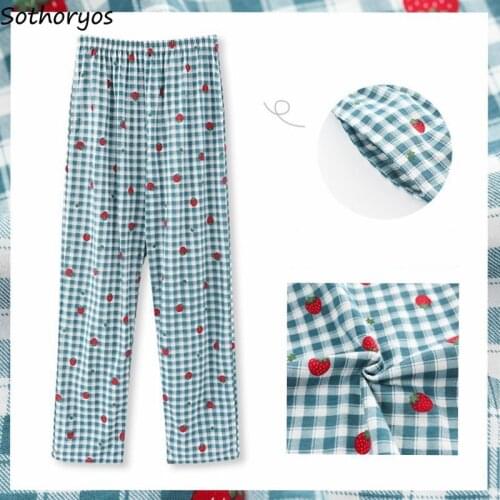 Sweet Plaid Sleep Bottoms Women Spring Plus Size S-4XL Cotton Straight Trousers Female Sleepwear Loose Baggy High Waist Homewear