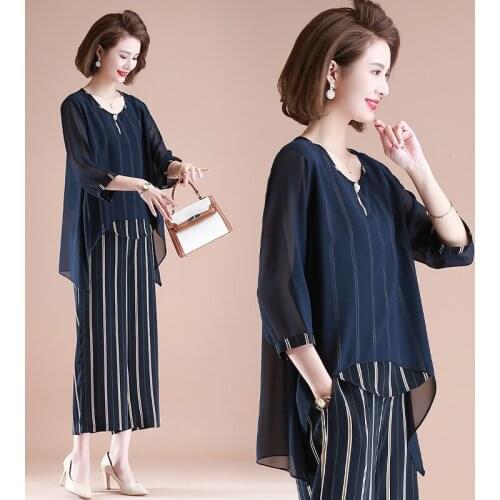 Fashion Lady Summer Middle-Aged Elderly Mothers Sets Large Size Chiffon T-Shirt Top Wide Leg Pants 2 Piece Set Summer Clothes