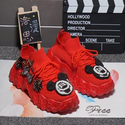2021 new heavy industry rhinestone mouse sports casual shoes tide brand red old shoes womens thick-soled stretch knitted shoes