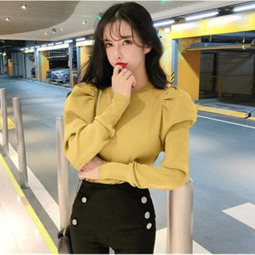Hedging Sweater Womens 2020New Autumn Winter Korean Fashion Solid Color Retro All-Match Puff sleeve Knitting Sweater Female A276