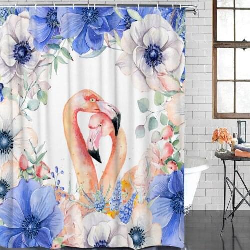Flamingo Purple Flowers Leaves Shower Curtain Polyester Fabric Bathroom Home Decor Waterproof Shower Curtains with Hooks