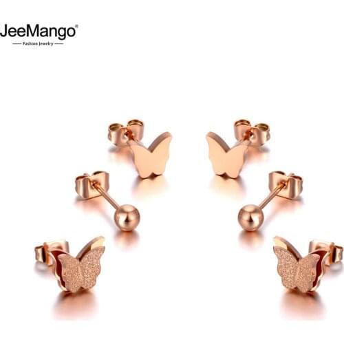 JeeMango Cute Titanium Stainless Steel Butterfly Rhinestone Earrings Jewelry 3Pair/Set Crystal Earrings For Women Girls JE20043