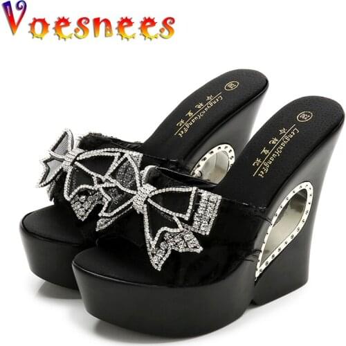 Voesnees Ladies Slippers Sexy Comfortable Wild Wedge Outdoor Sandals Summer Womens Shoes Thick Bottom Rhinestone Bow Slide