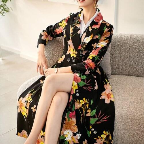 2021 Spring New Womens Clothing Double Breasted Floral Pattern Printed Long Trench Coat , Woman 3xl Elegant Windbreaker Coats