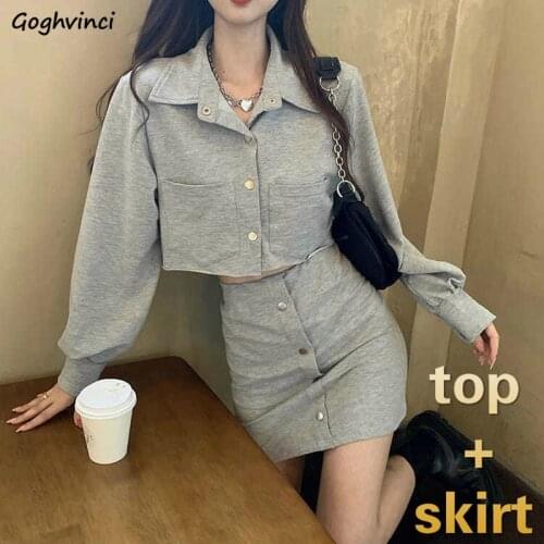 Women Sets Long Lantern Sleeve Crop Top and Mini Skirt Solid Sexy Sweet Office Female Leisure Chic Outwear Elegant Trendy New