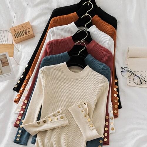 2020 New Style Autumn Winter Button O Neck Sweater Women Pullover Short Tight Long Sleeve Knit Low Waist sweater Top Pullovers