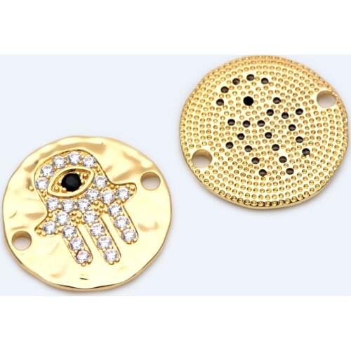 4pcs CZ Paved Fatima Hand Charms 18mm, Gold Coin Hamsa Hand Pendants, Disc Evil Eye Connectors For DIY Jewelry Making (GB-1565)