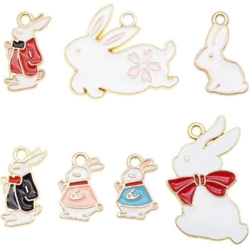 7/14pcs Fashion Animals charms for jewelry making Enamel Rabbit Drop Earrings Pendant Handmade Bracelet Brooch Pin Keychain DIY