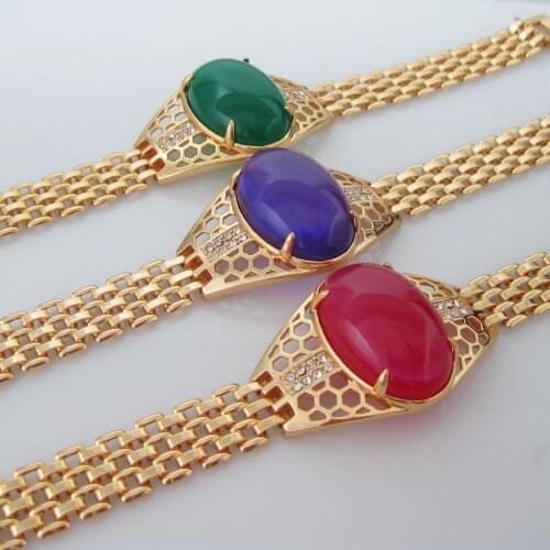 Foromance/ 7.9" LADY - YELLOW GOLD GP RESIN BEADS GREEN RED PURPLE STONE LINK PART BRACELET/ Great Gift