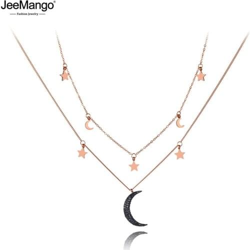 JeeMango Neo-Gothic Stainless Steel Double Layer Star & Moon Choker Necklaces Jewelry Lovely Pendant Necklace For Women JN19164