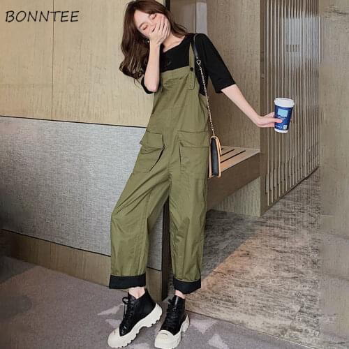Jumpsuits Women Buttons Pockets Solid Army Green Safari Harajuku Slim Unisex Boyfriend Korean Loose Comfortable Leisure Fashion