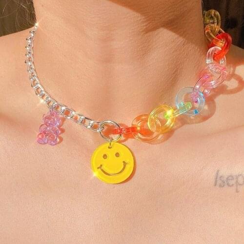 Cool Acrylic Chain With Smily Pendant Little Bear Necklace Vintage Choker Party Jewelry for Women Man Girls Friendship Best Gift