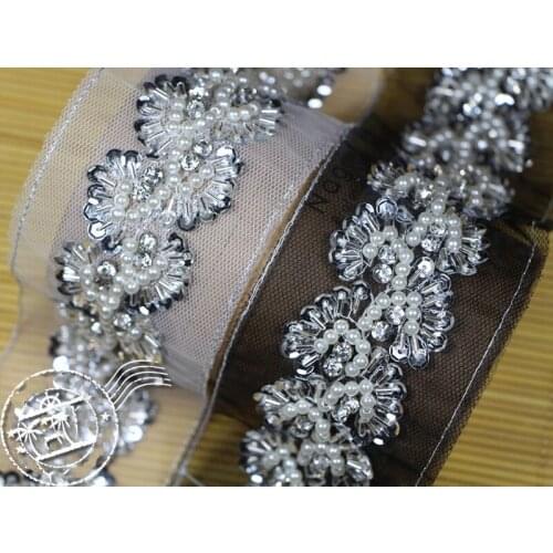 Peal Rhinestone Beaded lace trim, rhinestones apliques cristales trim parches sew on lace trimming motif patches for clothing