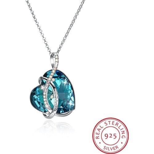 LEKANI 925 Silver Max Blue Heart Pendant Necklace Crystals Long Chain Colares For Women Gifts Luxury Fine Jewelry