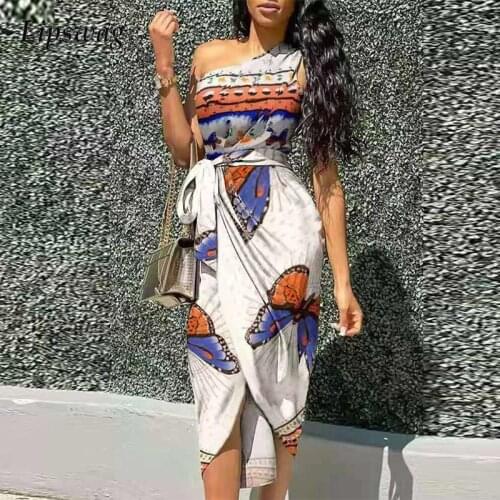 Fashion Tie-Dye Print Wrap Slit Irregular Dress Office Lady Banage Belted Long Dress Women Summer Sexy One-Shoulder Party Dress