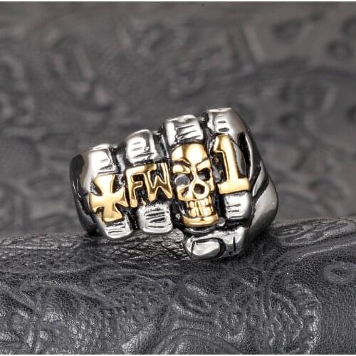Mens Fashion Punk Rock 316L Stainless Steel Biker Skull Fist FW Ring Vintage Gothic Cross
