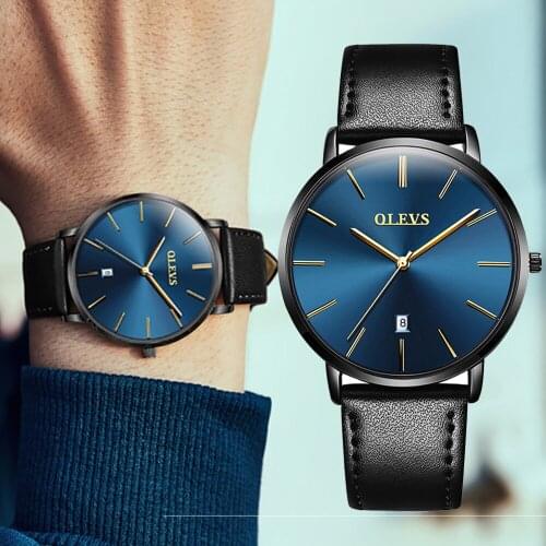 OLEVS Mens Ultra-Thin Brand Luxury Waterproof Ultra-Thin Date Clock Mens Leather Watch Classic Quartz Watch Mens Blue Watch