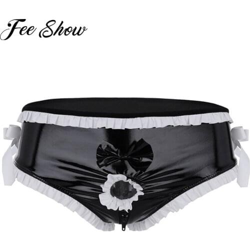 Mens Lingerie Shiny Faux Leather Sissy Briefs Open Front Penis Ring Ruffled Trim Bowknot Zipper Crotch Sissy Briefs Underwear