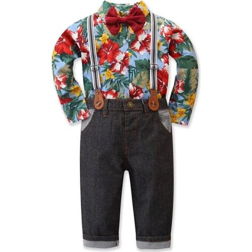 Formal Boy Wedding Suit Set England Style Long Sleeve Floral Bowtie Shirt Tops+Overalls 2PCS Boys Outfit Fashion Kids Clothes