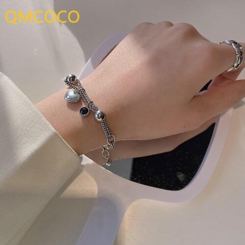 QMCOCO 925 Silver Creative Design Chain Bracelets For Women New Fashion Punk Vintage LOVE Heart Pendant Party Jewelry Gifts