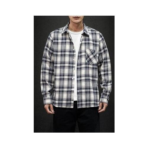 New Flannel Collar Korea Style Shirt for Mens Plaid Harajuku Clothing Brand 2021 Spring Autumn Long Sleeves