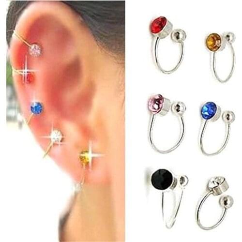 2pcs Clip On U Body Crystal Rhinestone Earring Nose Lip Ring Ear Cuff Stud In Stainless Steel