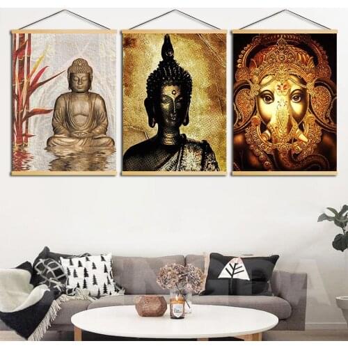 Nordic Style Modern Canvas Print Buddha Statue Painting Solid Wood Hanging Scrolls Wall Artwork Home For Living Room Decoration