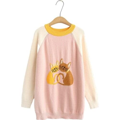 Sweaters Women Winter Cartoon Cat Embroidery Sweater Casual Knitwear O-Neck Long Sleeve Pullovers Sweet Style Sueter Mujer 2020