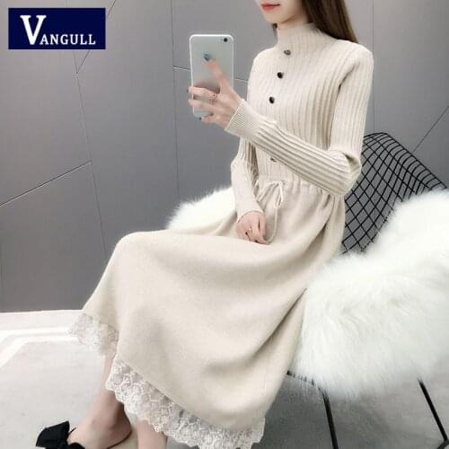 Vangull Winter Solid Lace knitted Women Sweater Dress Fashion Half Turtleneck Dress 2020 Autumn New female Long Sweater Dress
