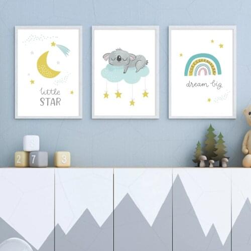 Green Yellow Rainbow Canvas Painting Moon Star Cloud Wall Art Cartoon Sleeping Koala Posters Prints Decor for Nursery Baby Room