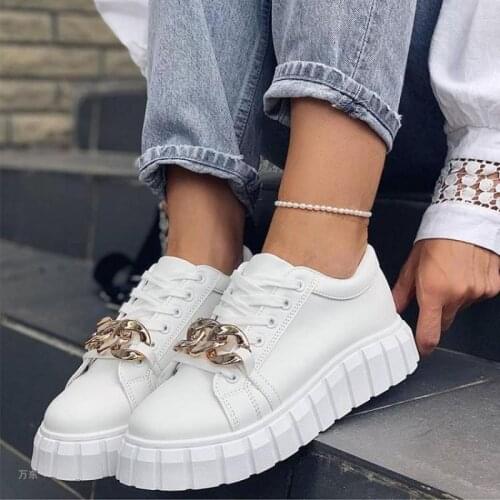Womens Autumn Sneakers Metal Chain Lace-up Platform Plus Size 43 Female Flat Shoes Fashion Leisure Women Sports Shoes