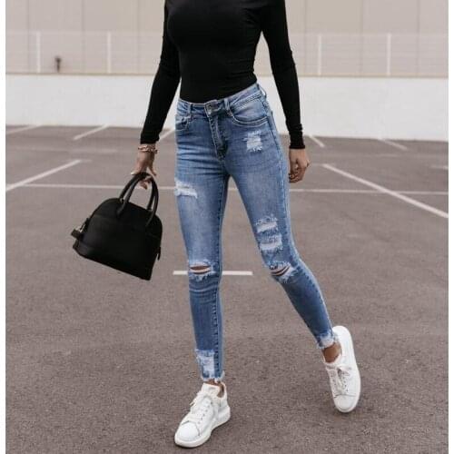 Womens Casual Jeans Hole Slim Feet Denim Trousers Pencil Pants