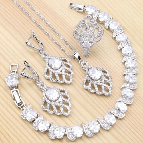 Women 925 Sterling Silver Bridal Jewelry Kits White Crystal Luxury Stones Bracelets/Necklace/Pendant/Earrings/Ring
