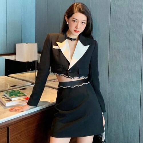 Korean Fashion Streetwear 2021 Autumn Winter Crystal Short Black Blazer+mini Skirt Sets for Women Clothes Outfits