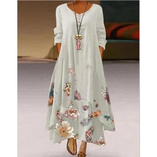 Women Clothes Spring Summer 2021 Plus Size 5xl Elegant Flowers Print Long Sleeve Vintage Asymmetrical Hem Casual Loose Dress