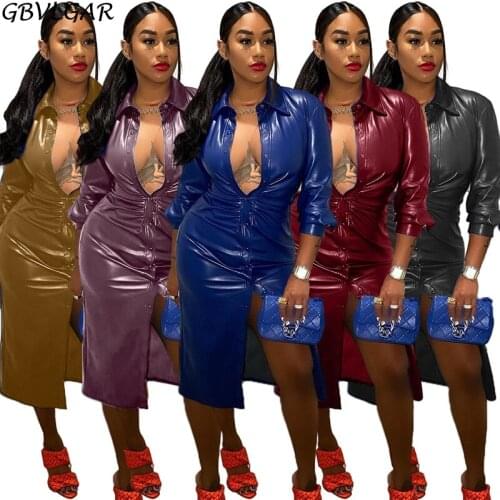 WomenTurn Down Collar Full Sleeve Bandage Dress Pu Faux Leather Moto Biker Party Club Dresses Vintage Fall Button Split Vestido