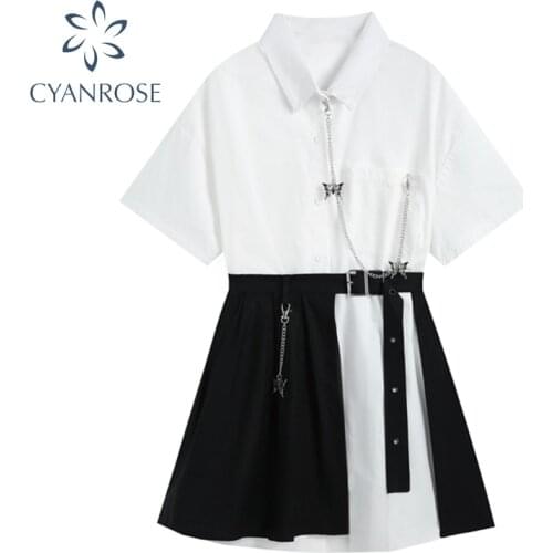 Vintage Gothic Dress Women White Short Sleeve 2021 High Waist Fake Two Pieces Goth Punk Streetwear Harajuku Dress Female Mujer