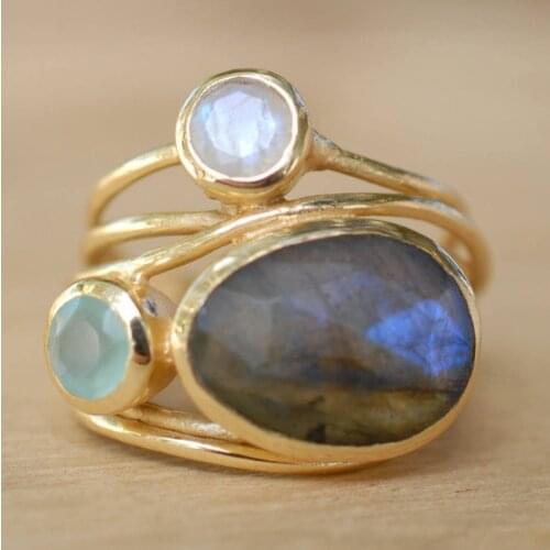 Cute Female Big Crystal Oval Moonstone Ring Fashion Yellow Gold Engagement Ring Vintage Party Wedding Rings For Women