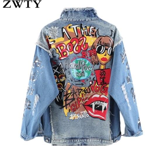 ZWTY Womens Jeans Jacket Graffiti Alphabet Printing Hole Denim Jacket Student Basic Coat Loose Streetwear 2021New Spring Autumn