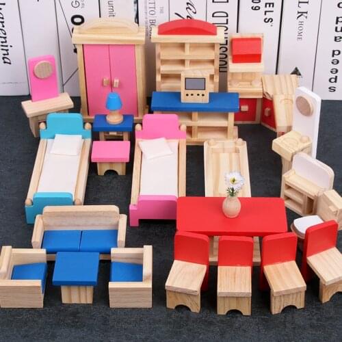 Miniature Furniture Dolls House Wooden Dollhouse Furniture Sets Educational Pretend Play Toys Children Kids Girls Toy Gifts